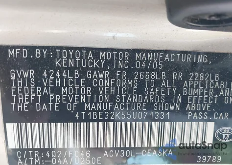 2005 Toyota Camry Se z USA, uszkodzony, nr VIN 4T1BE32K55U071331